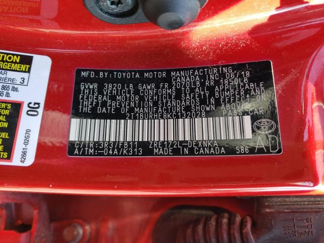 2T1BURHE8KC132028 - 2019 TOYOTA COROLLA L RED photo 12