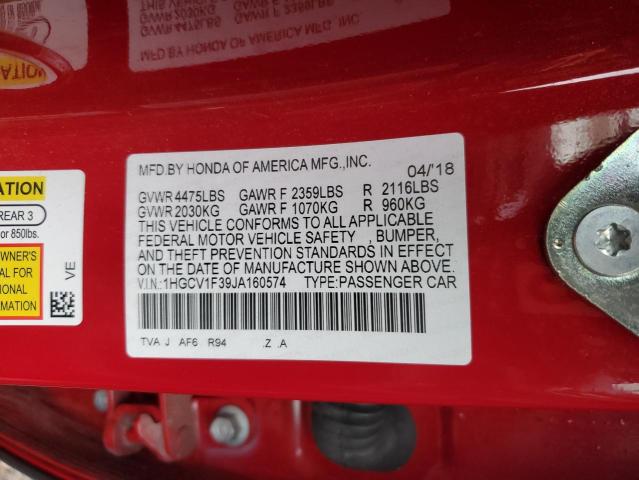 1HGCV1F39JA160574 - 2018 HONDA ACCORD SPORT RED photo 12