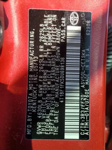 4T1BF1FK5DU698136 - 2013 TOYOTA CAMRY L RED photo 12