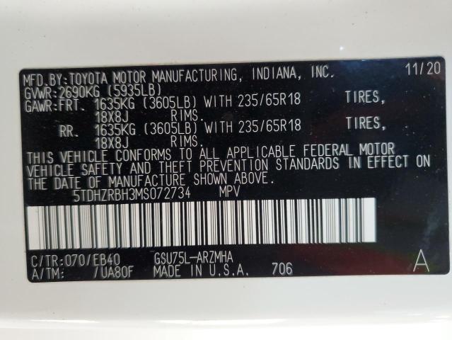 5TDHZRBH3MS072734 - 2021 TOYOTA HIGHLANDER XLE 白色 照片 14