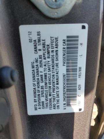 2HGFB2F90CH550287 - 2012 HONDA CIVIC EXL GRAY photo 12