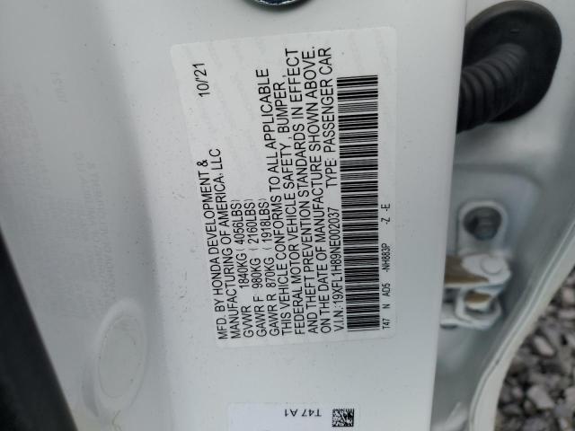 19XFL1H89NE002037 - 2022 HONDA CIVIC SPORT TOURING 白色 照片 12