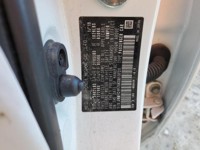 JHMFC1F75KX013721 - 2019 HONDA CIVIC EXL თეთრი ფოტო 12