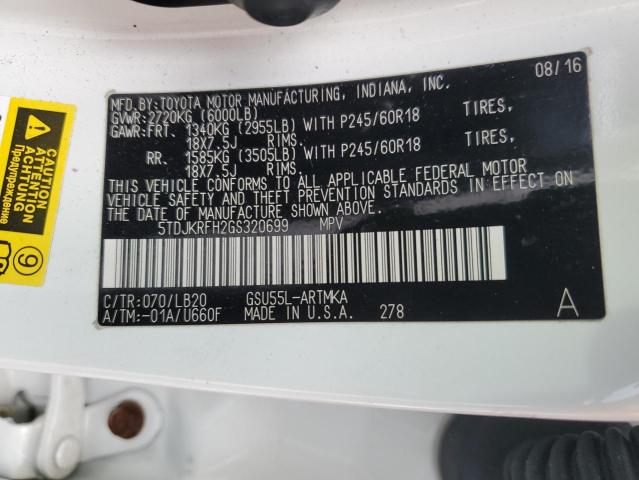 5TDJKRFH2GS320699 - 2016 TOYOTA HIGHLANDER XLE 白色 照片 13