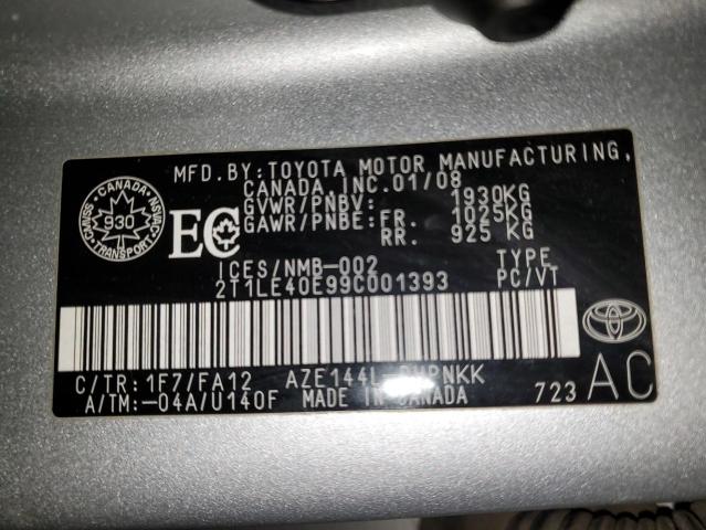 2T1LE40E99C001393 - 2009 TOYOTA MATRIX S SILVER photo 12