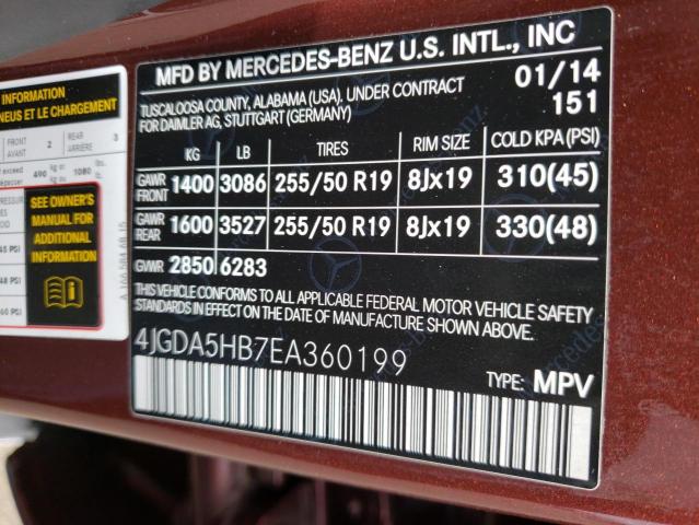 4JGDA5HB7EA360199 - 2014 MERCEDES-BENZ ML 350 4MATIC BURGUNDY photo 13