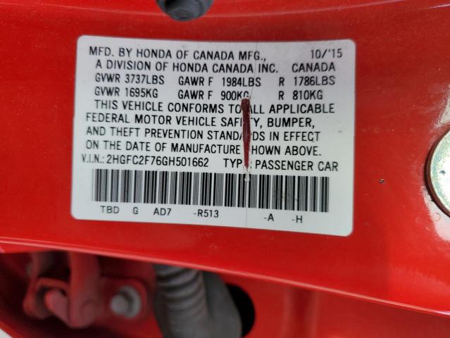 2HGFC2F76GH501662 - 2016 HONDA CIVIC EX RED photo 12