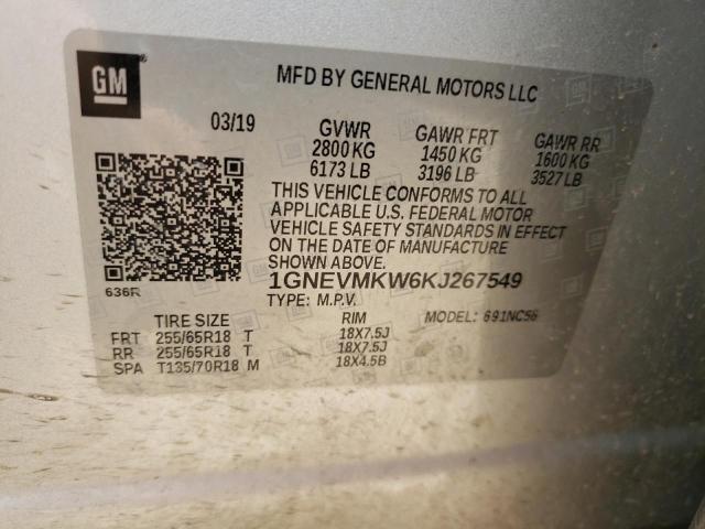 1GNEVMKW6KJ267549 - 2019 CHEVROLET TRAVERSE LT SILVER photo 14