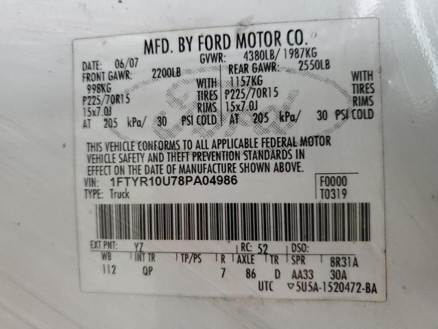 1FTYR10U78PA04986 - 2008 FORD RANGER WHITE photo 12