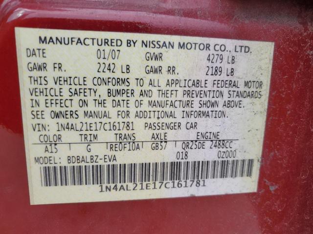 1N4AL21E17C161781 - 2007 NISSAN ALTIMA 2.5 RED photo 12