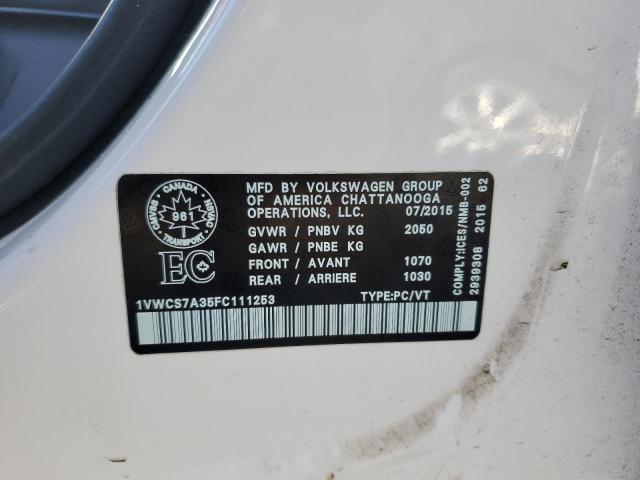 1VWCS7A35FC111253 - 2015 VOLKSWAGEN PASSAT SEL WHITE photo 12