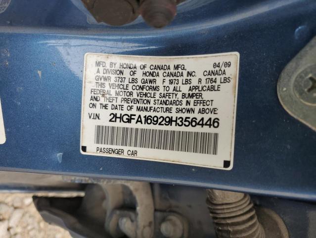 2HGFA16929H356446 - 2009 HONDA CIVIC EXL Mavi foto 12