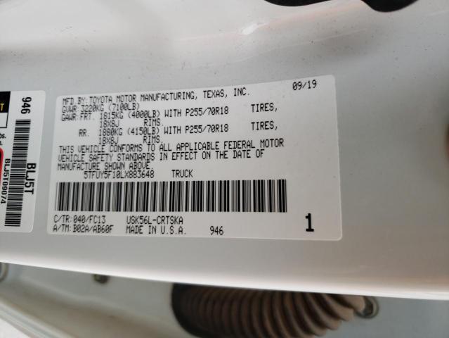 5TFUY5F10LX883648 - 2020 TOYOTA TUNDRA DOUBLE CAB SR/SR5 WHITE photo 13