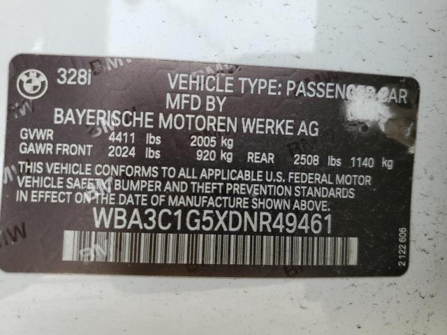 WBA3C1G5XDNR49461 - 2013 BMW 328 I SULEV WHITE photo 12