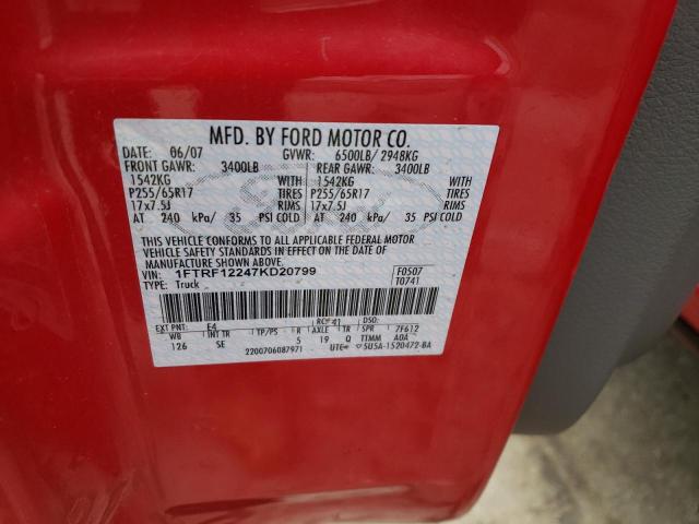 1FTRF12247KD20799 - 2007 FORD F150 RED photo 12