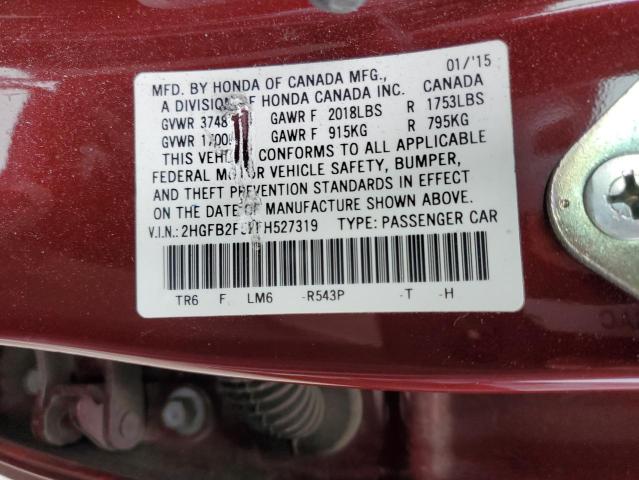 2HGFB2F52FH527319 - 2015 HONDA CIVIC LX BURGUNDY photo 12