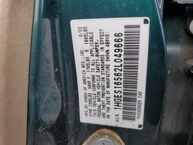 1HGES16562L049666 - 2002 HONDA CIVIC LX GREEN photo 12