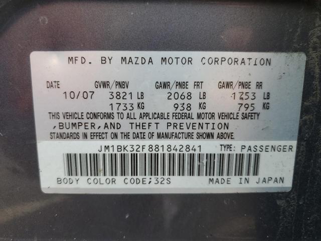 JM1BK32F881842841 - 2008 MAZDA 3 I GRAY photo 12