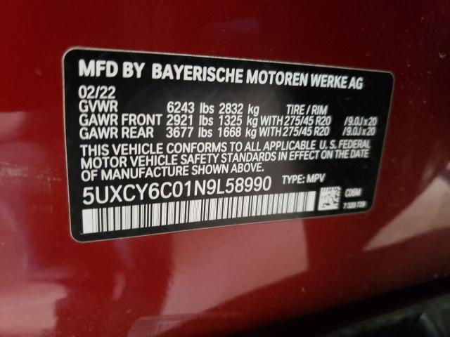 5UXCY6C01N9L58990 - 2022 BMW X6 XDRIVE40I RED photo 13