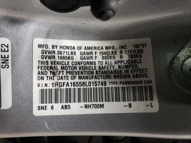 1HGFA16558L015749 - 2008 HONDA CIVIC LX SILVER photo 12