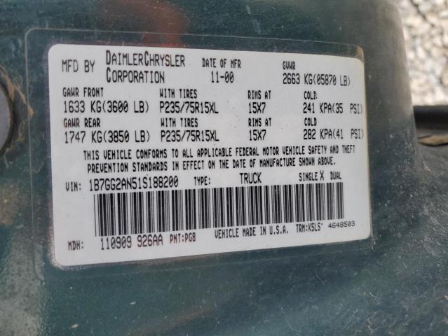 1B7GG2AN51S188200 - 2001 DODGE DAKOTA QUAD GREEN photo 12