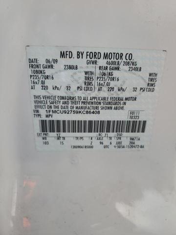 1FMCU92759KC86408 - 2009 FORD ESCAPE XLS WHITE photo 12