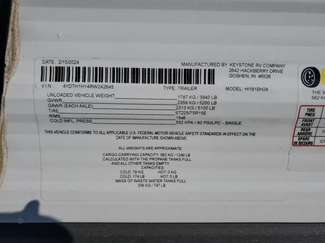 4YDTH1H14RW242645 - 2024 KEYSTONE HIDEOUT BLACK photo 10