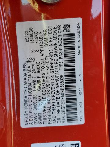 2HGFE2F50NH585029 - 2022 HONDA CIVIC SPORT RED photo 12