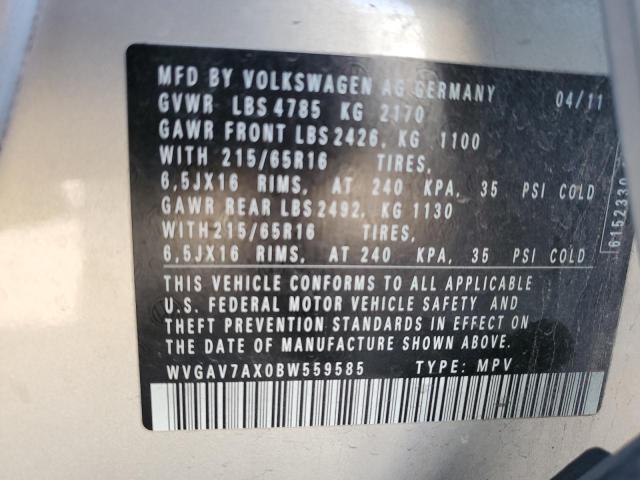 WVGAV7AX0BW559585 - 2011 VOLKSWAGEN TIGUAN S SILVER photo 13