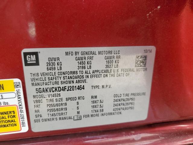 5GAKVCKD4FJ201464 - 2015 BUICK ENCLAVE RED photo 14