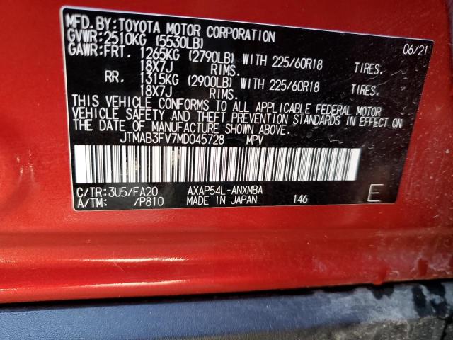 JTMAB3FV7MD045728 - 2021 TOYOTA RAV4 PRIME SE RED photo 10