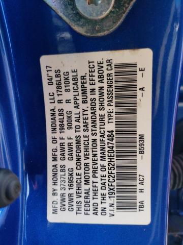 19XFC2F52HE047484 - 2017 HONDA CIVIC LX BLUE photo 12