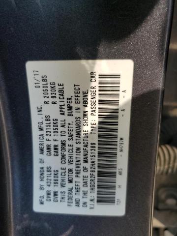 1HGCR2F82HA151389 - 2017 HONDA ACCORD EXL GRAY photo 12