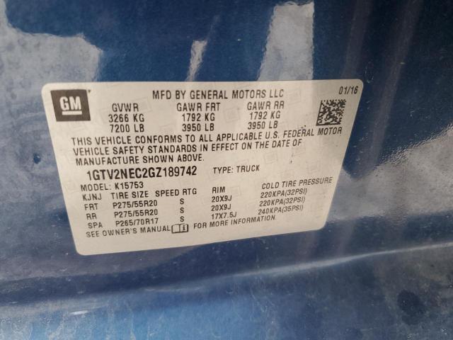 1GTV2NEC2GZ189742 - 2016 GMC SIERRA K1500 SLT BLUE photo 12