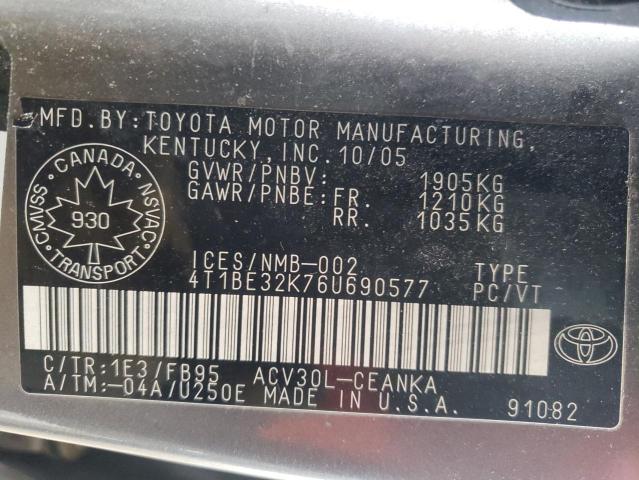 4T1BE32K76U690577 - 2006 TOYOTA CAMRY LE GRAY photo 12