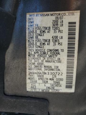 1N6BA06A78N330722 - 2008 NISSAN TITAN XE GRAY photo 12