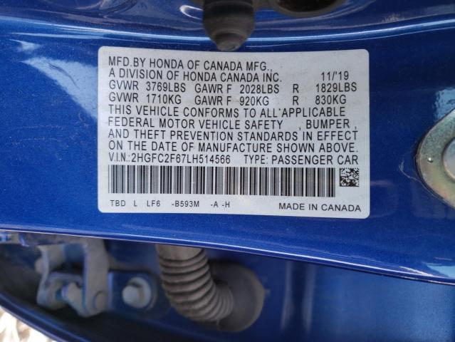 2HGFC2F67LH514566 - 2020 HONDA CIVIC LX BLUE photo 12