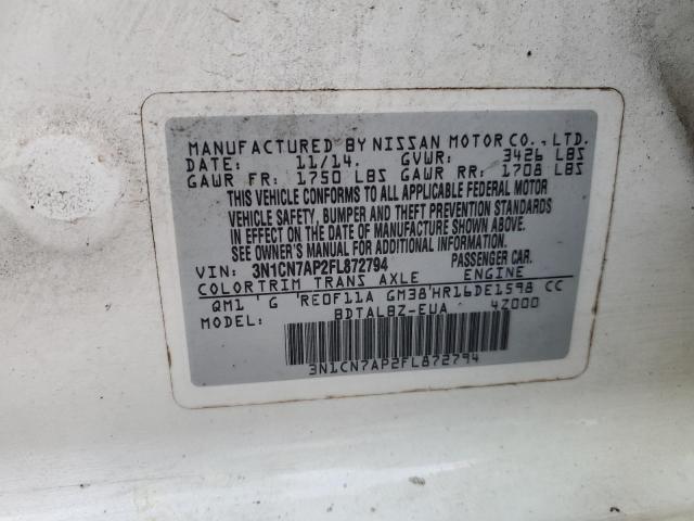 3N1CN7AP2FL872794 - 2015 NISSAN VERSA S WHITE photo 12