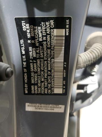 SHHFK7H92MU222769 - 2021 HONDA CIVIC SPORT TOURING GRAY photo 12