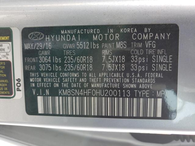 KM8SN4HF0HU200113 - 2017 HYUNDAI SANTA FE SE SILVER photo 12