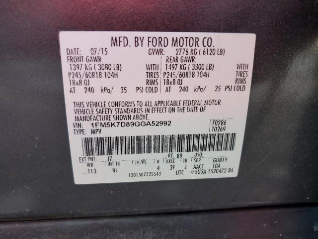 1FM5K7D89GGA52992 - 2016 FORD EXPLORER XLT GRAY photo 13