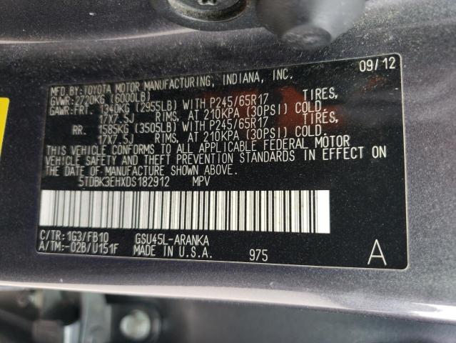 5TDBK3EHXDS182912 - 2013 TOYOTA HIGHLANDER BASE Сұр фото 13