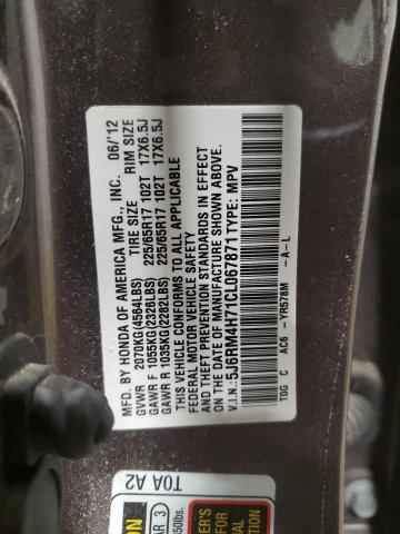 5J6RM4H71CL067871 - 2012 HONDA CR-V EXL GRAY photo 13