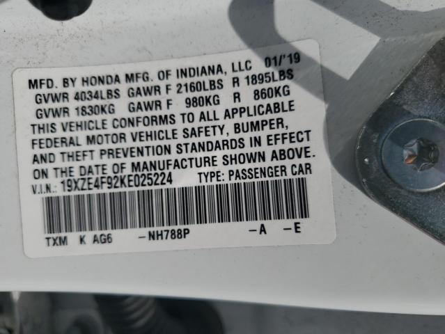 19XZE4F92KE025224 - 2019 HONDA INSIGHT TOURING WHITE photo 12