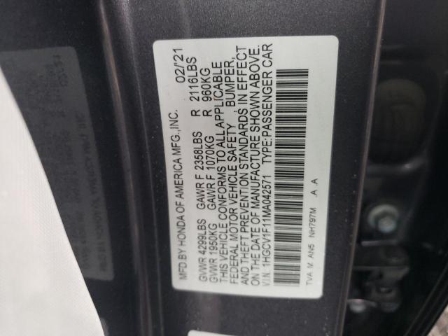 1HGCV1F11MA042571 - 2021 HONDA ACCORD LX GRAY photo 12