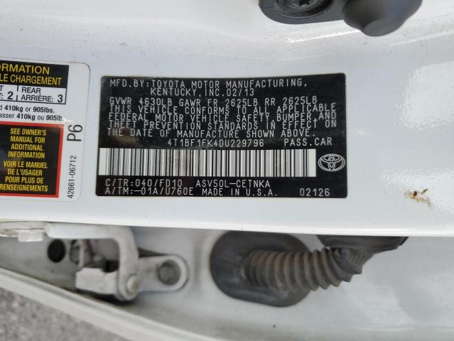 4T1BF1FK4DU229796 - 2013 TOYOTA CAMRY L WHITE photo 13