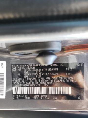 5TDGZRAH5NS541479 - 2022 TOYOTA HIGHLANDER XLE ნაცრისფერი ფოტო 10