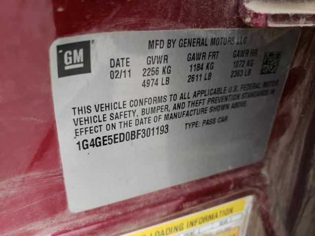 1G4GE5ED0BF301193 - 2011 BUICK LACROSSE CXS MAROON photo 12
