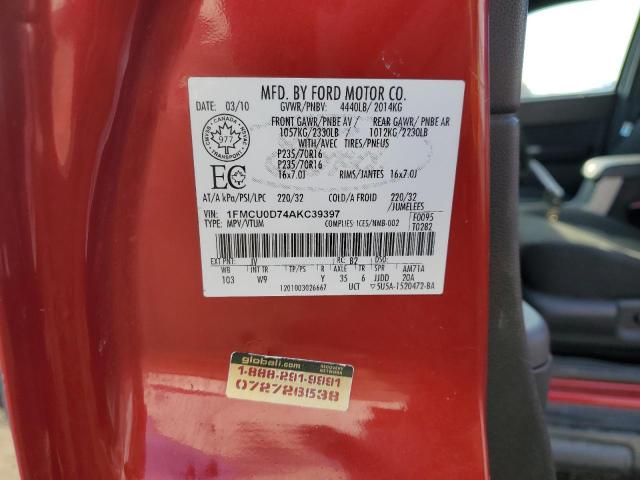 1FMCU0D74AKC39397 - 2010 FORD ESCAPE XLT RED photo 13