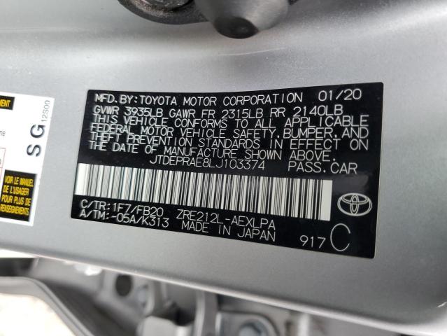 JTDEPRAE8LJ103374 - 2020 TOYOTA COROLLA LE SILVER photo 12